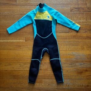 Realon Kids Full Body‎ Wetsuit Teal Yellow Black Neoprene Size S Long Sleeve